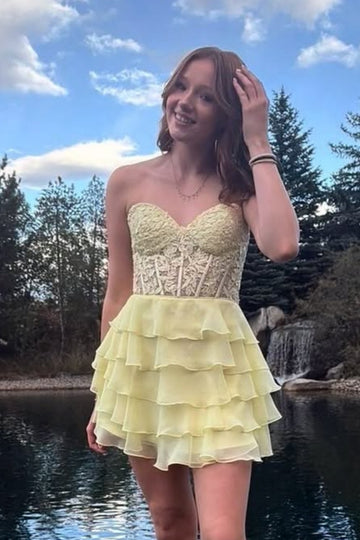 Corset Beaded Sweetheart Lace Appliques A-line Ruffle HOCO Dress