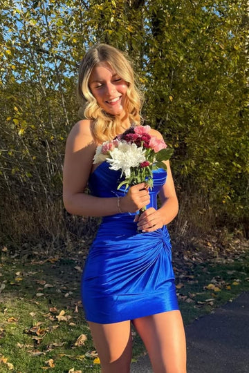 Cowl Neck Royal Blue Fitted Twist Homecoming Dress with Lace-up