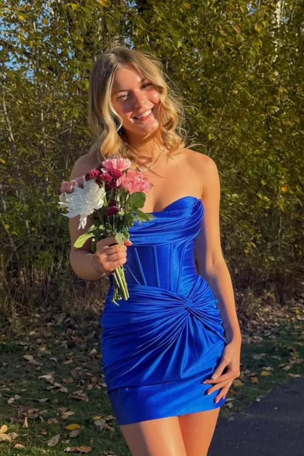 Cowl Neck Royal Blue Fitted Twist Homecoming Dress with Lace-up