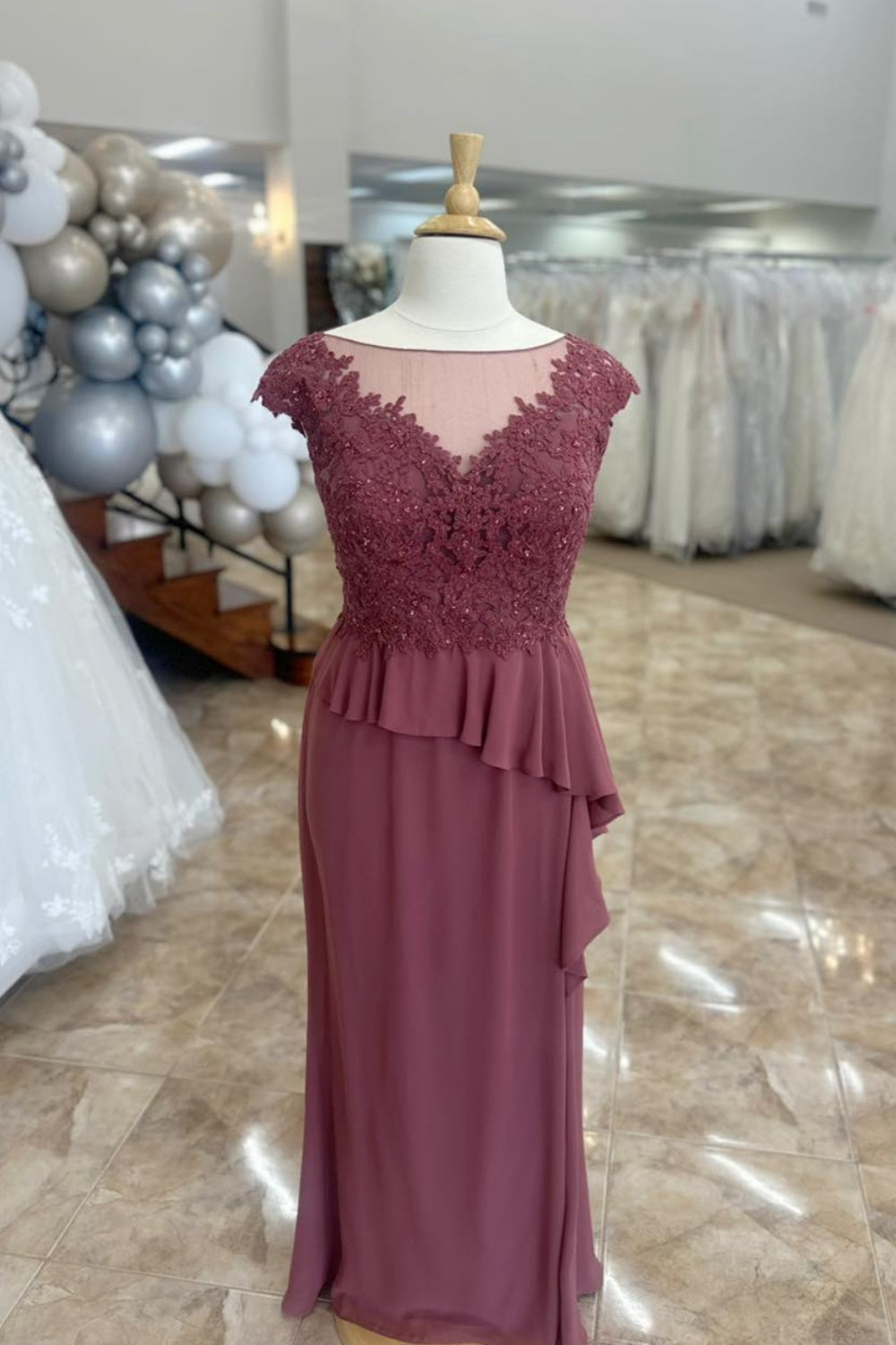 Dusty rose Mother of the Bride dress with round neck and floral appliques
