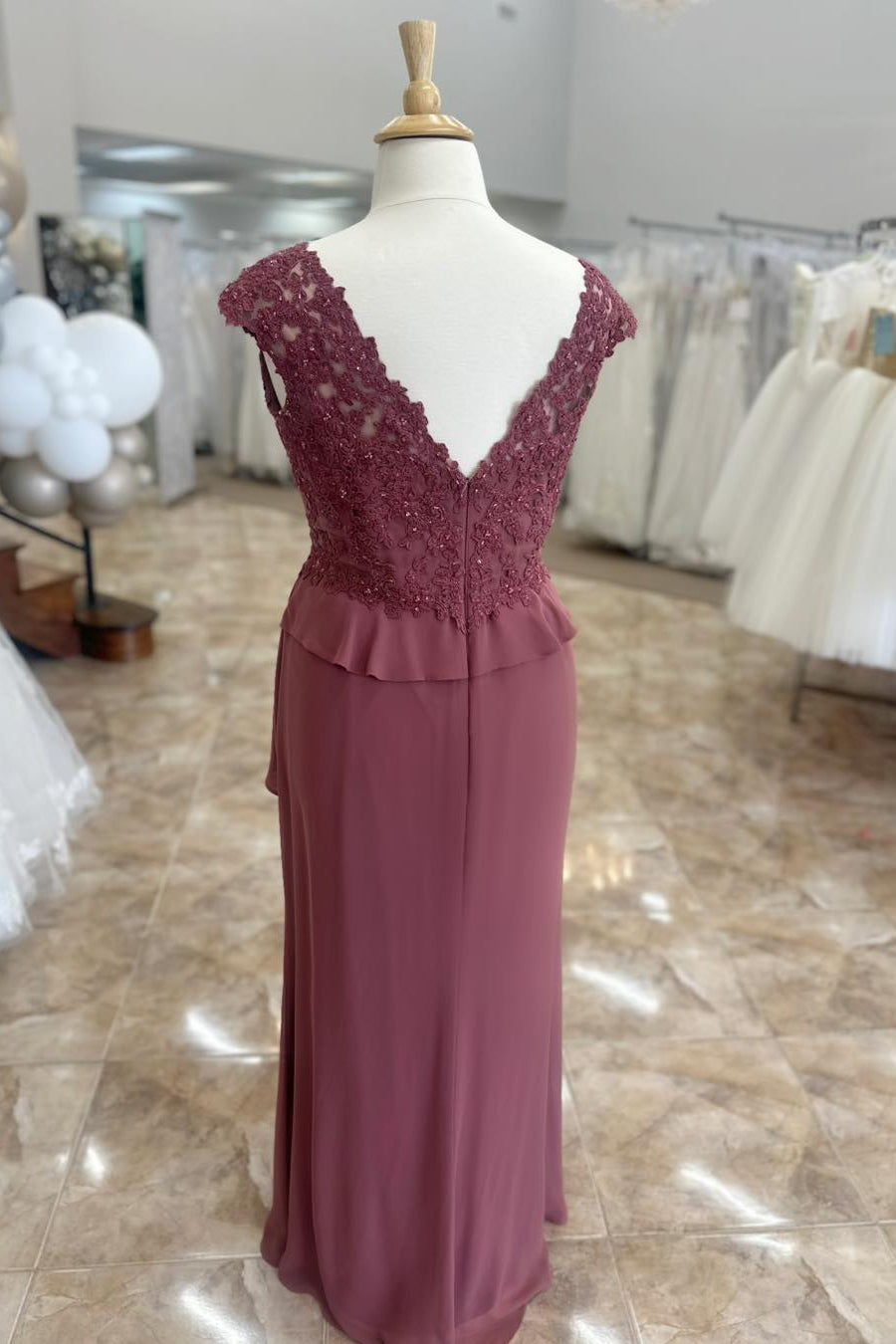 Dusty rose Mother of the Bride dress with round neck and floral appliques