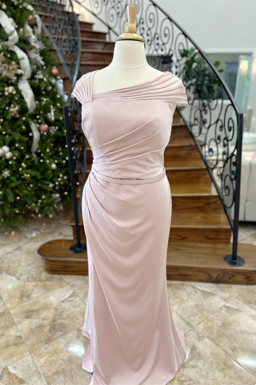 Pink asymmetrical mermaid Mother of the Bride dress with elegant draping.