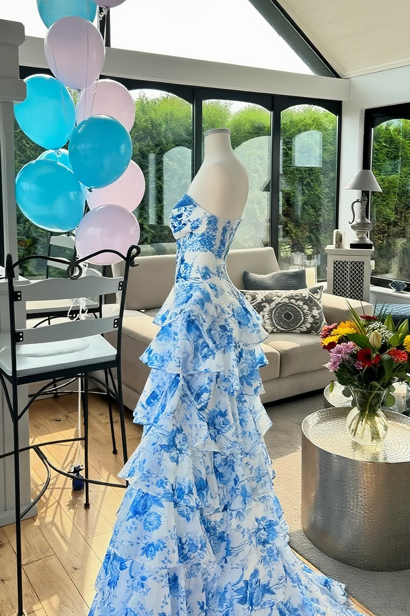 Floral print A-line tiered gown with sweetheart neckline, lace appliques, and side slit.