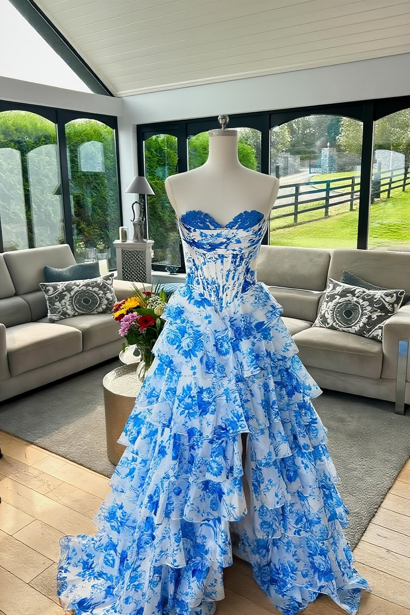 Floral print A-line tiered gown with sweetheart neckline, lace appliques, and side slit.