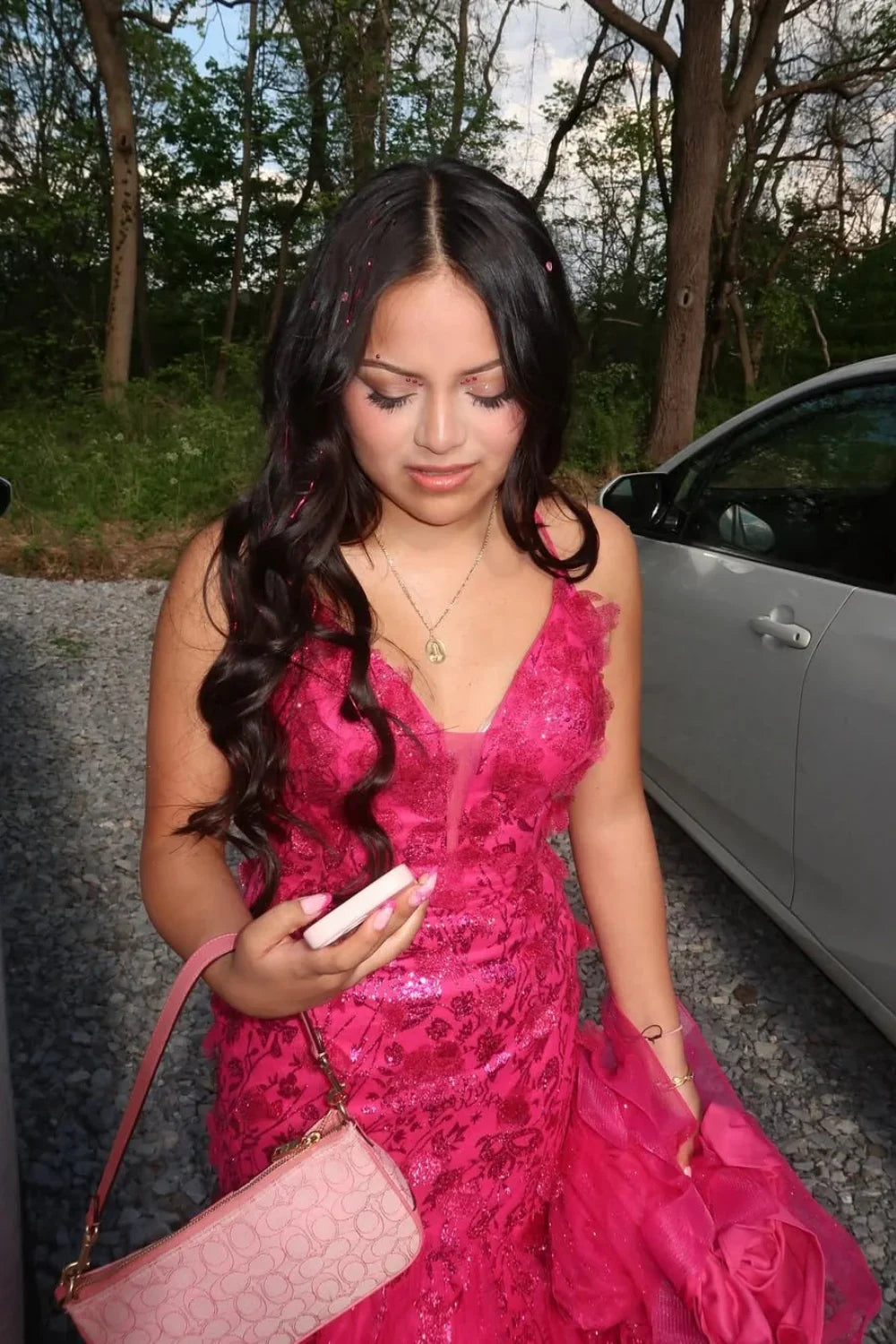 Hanshicommerce Fuchsia Sequin Prom Dress with Hidden Side Pockets and Adjustable Straps