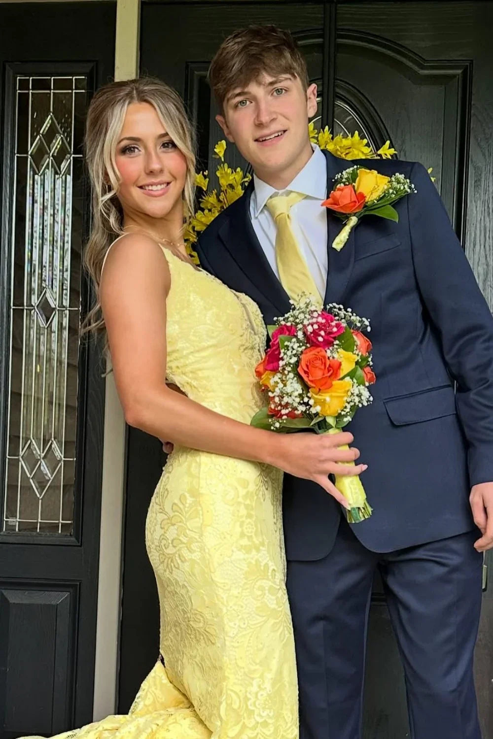 Yellow mermaid long prom dress with lace appliques and a high slit