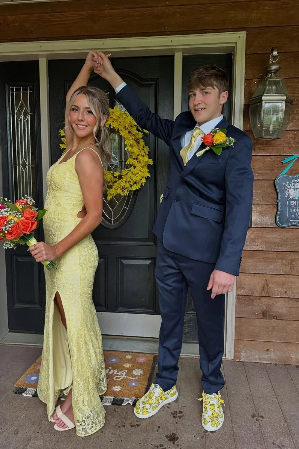 Yellow mermaid long prom dress with lace appliques and a high slit