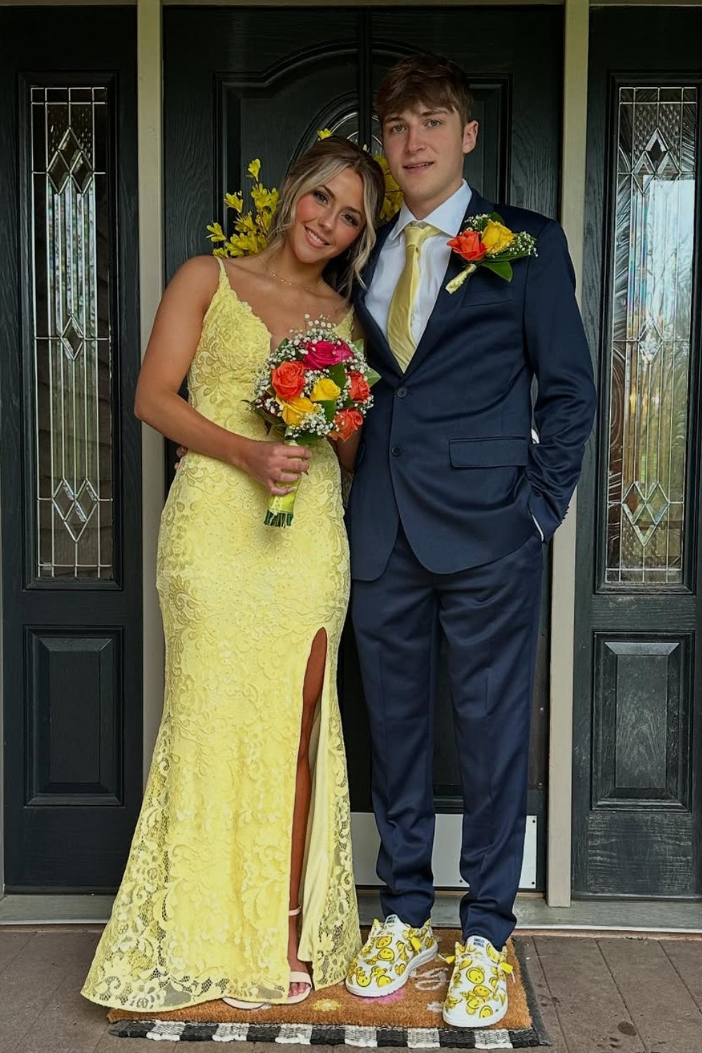 Yellow mermaid long prom dress with lace appliques and a high slit