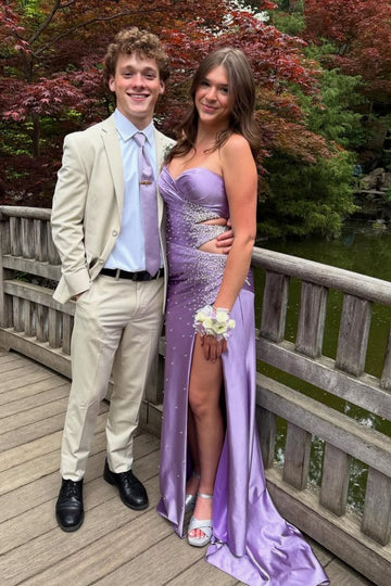 Sweerheart Pearls Purple Mermaid Cut-out Long Evening Dress