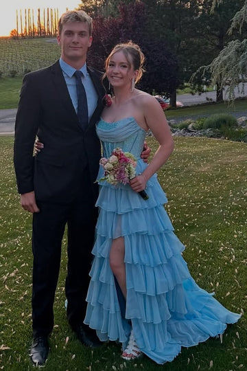 Beaded Strapless Light Blue A-line Ruffle Chiffon Prom Dress