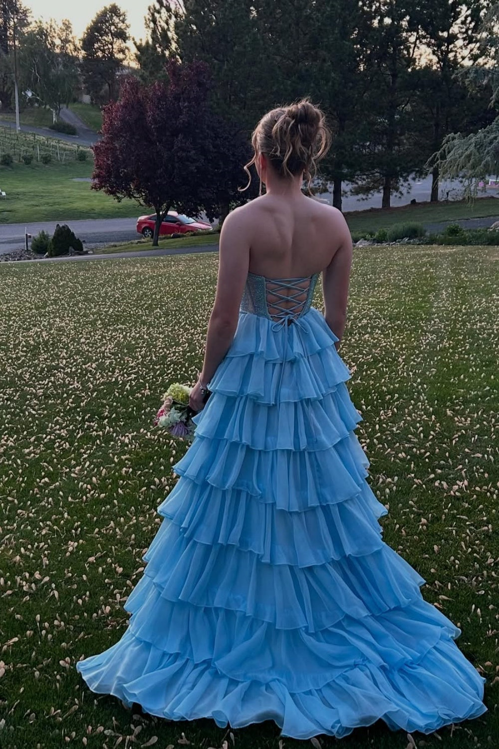 Beaded Strapless Light Blue A-line Ruffle Chiffon Prom Dress