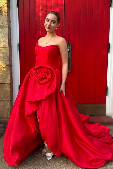 Red 3D Flower Strapless A-line Lace-up Prom Gown with Slit