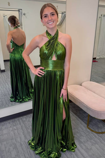 Metallic green halter A-line pleated formal dress with leg slit and open back.