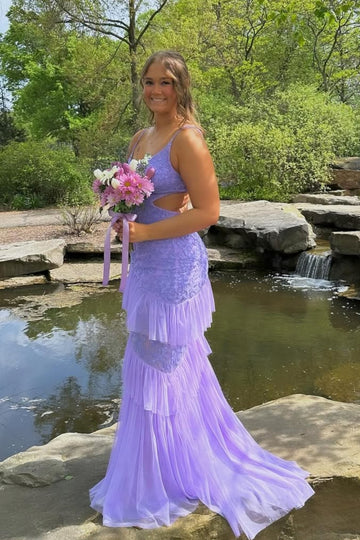 Tiered Ruffle Hemline Purple Lace Appliques Prom Dress