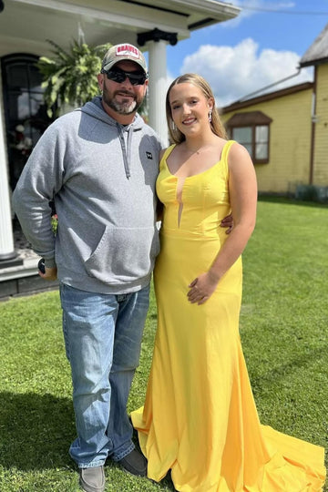 Yellow mermaid satin prom dress with a plunging V-neck and lace-up back