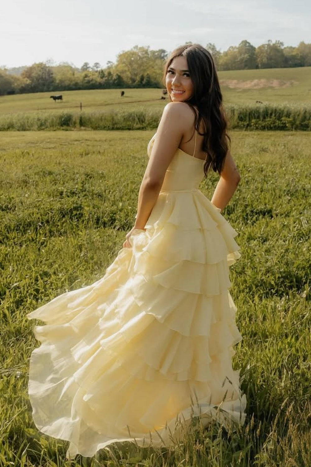 Yellow Chiifon Double Straps A-line Tiered Prom Dress For Teens