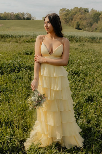 Yellow Chiifon Double Straps A-line Tiered Prom Dress For Teens
