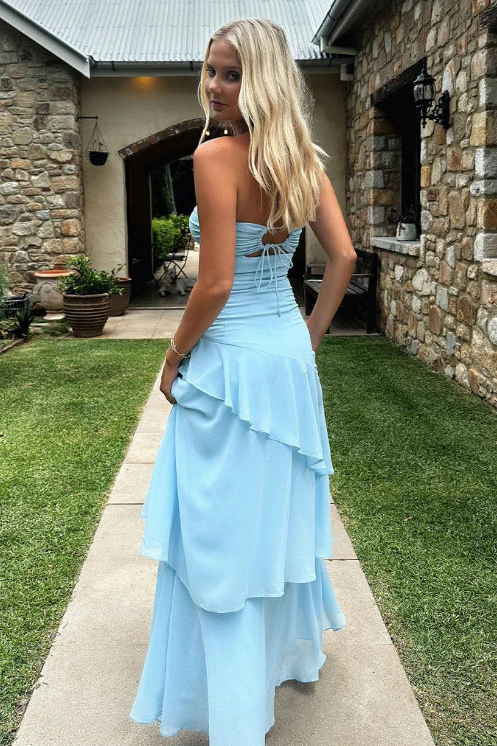 Keyhole Light Blue Strapless Ruched Ruffle Gown with Irregular Hemline
