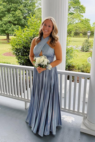 Silver A-line formal gown with criss-cross pleated bodice and keyhole neckline.