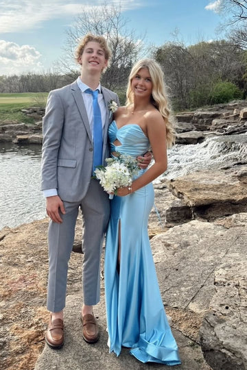 Light blue strapless satin mermaid gown featuring a keyhole neckline and side slit.