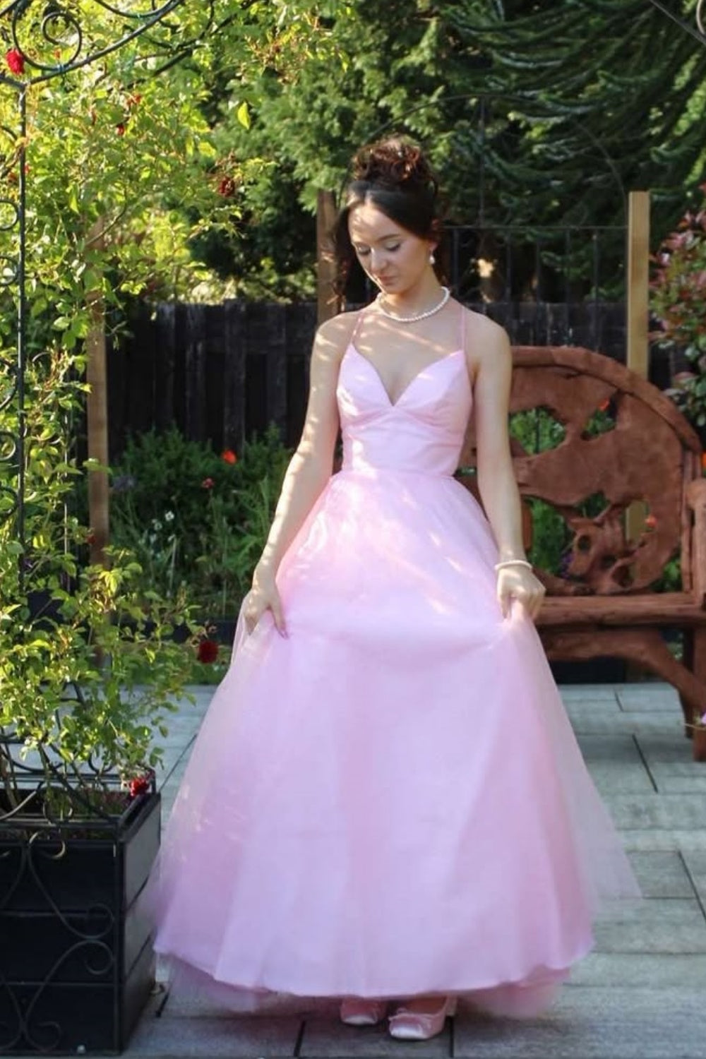 Pink A-line tulle prom dress with puff sleeves and lace-up back