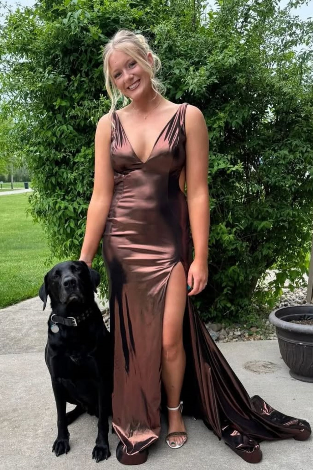 Brown satin plunging V-neck mermaid dress with side slit and ruching