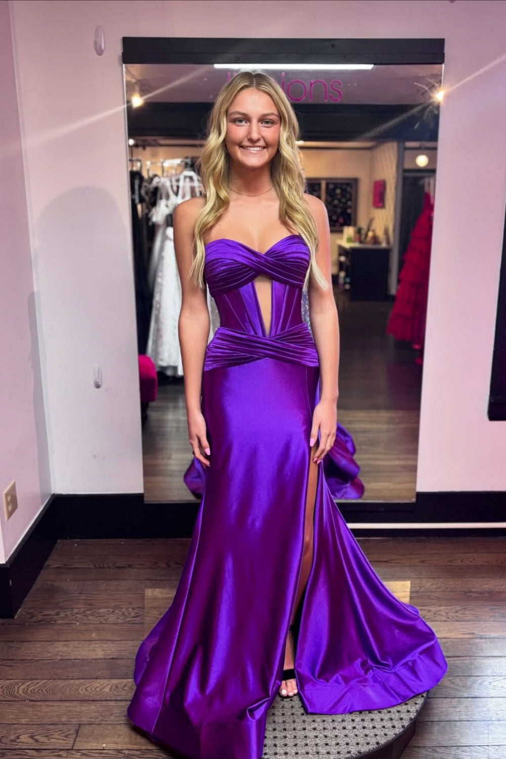 Purple mermaid formal dress with keyhole neckline and ruched detailing