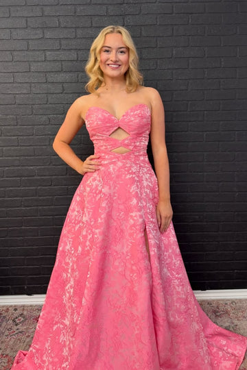 Floral print A-line prom dress with strapless keyhole neckline and lace-up corset back.