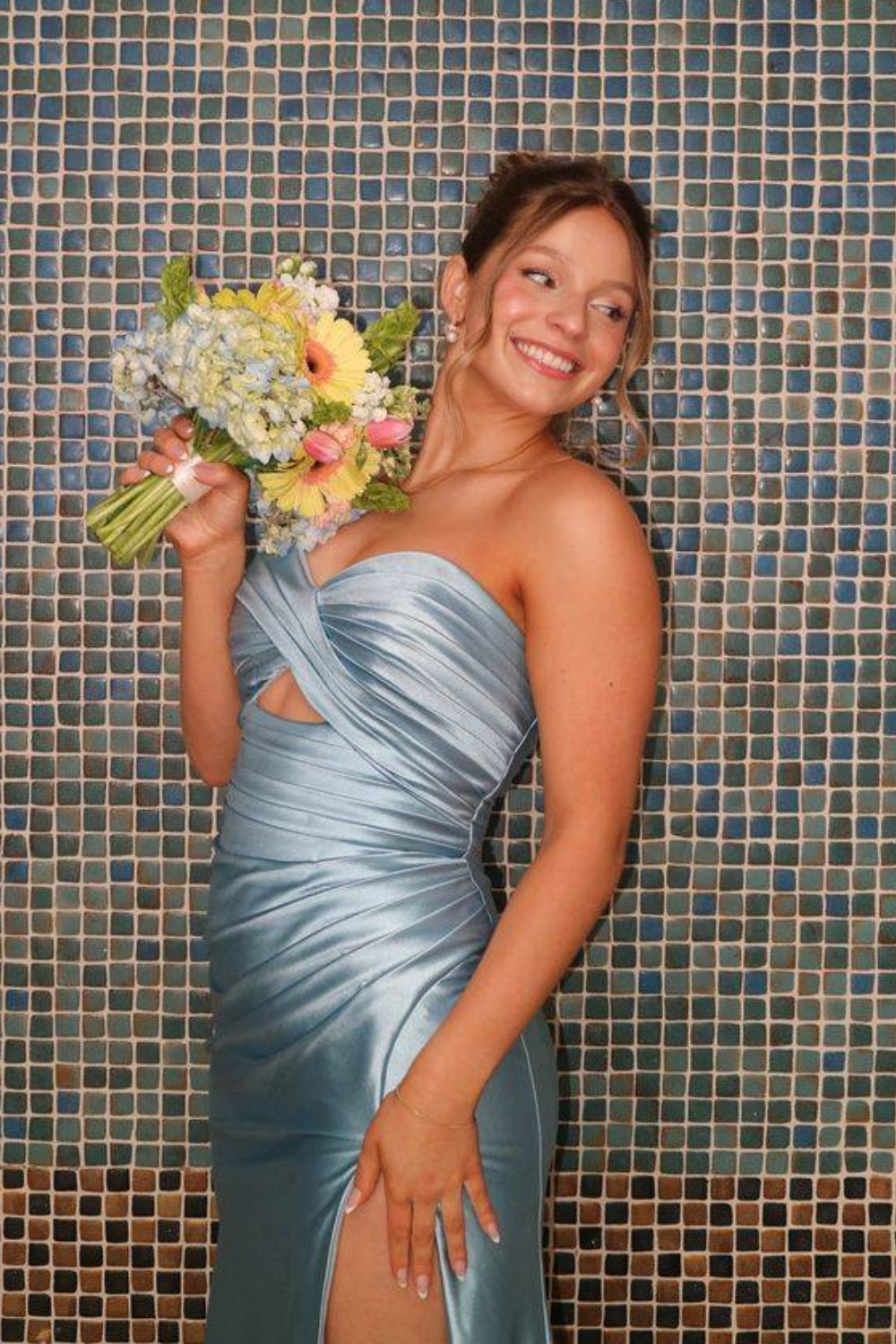 Silver long prom dress with ruched sweetheart neckline, keyhole detail, and corset lace-up back.