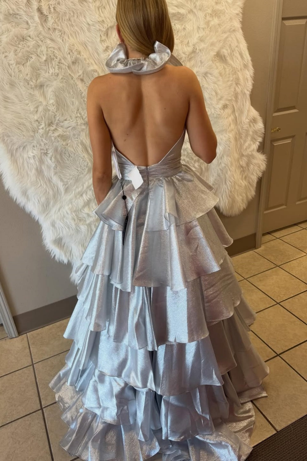 Ruffle Straps Halter A-line Tiered Tulle Prom Dress in Sliver