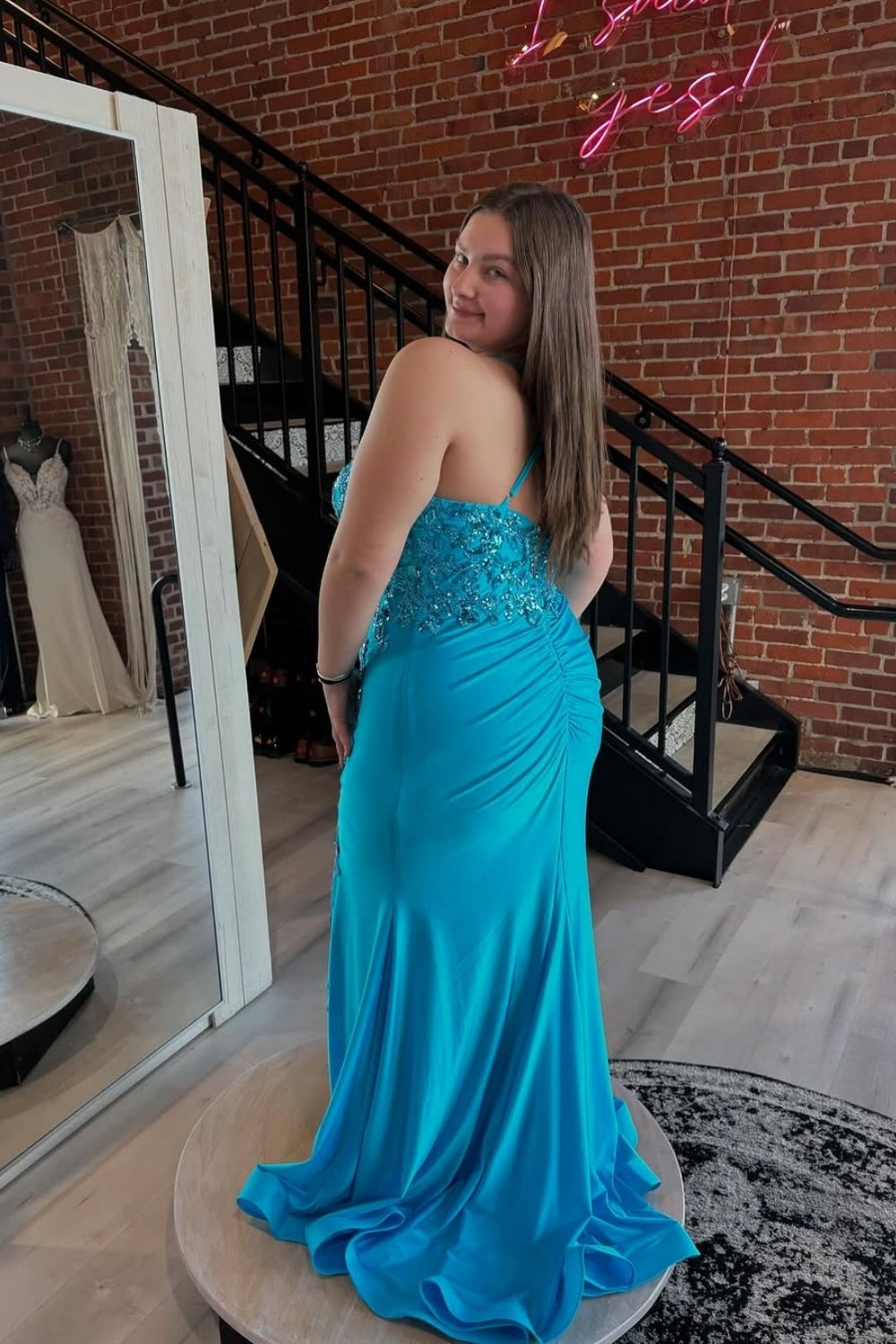 Blue plus size A-line prom dress featuring shimmering sequin lace appliques and delicate spaghetti straps.