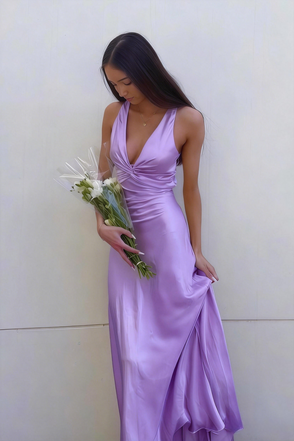 Purple fitted satin prom dress featuring a halter neckline with a twist-front chest detail and a sexy open tie-back.
