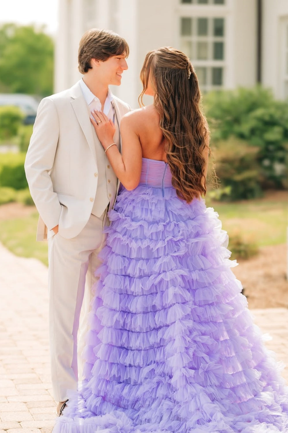 Lavender A-line tiered tulle ruffle dress with keyhole neckline.