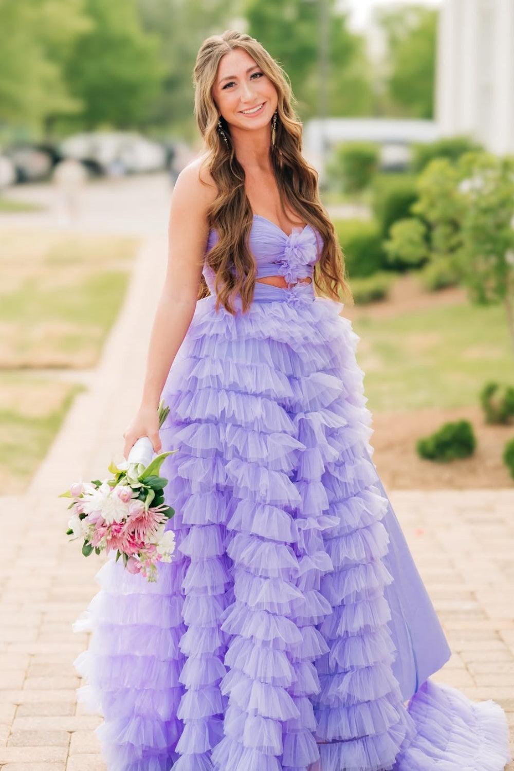 Lavender A-line tiered tulle ruffle dress with keyhole neckline.