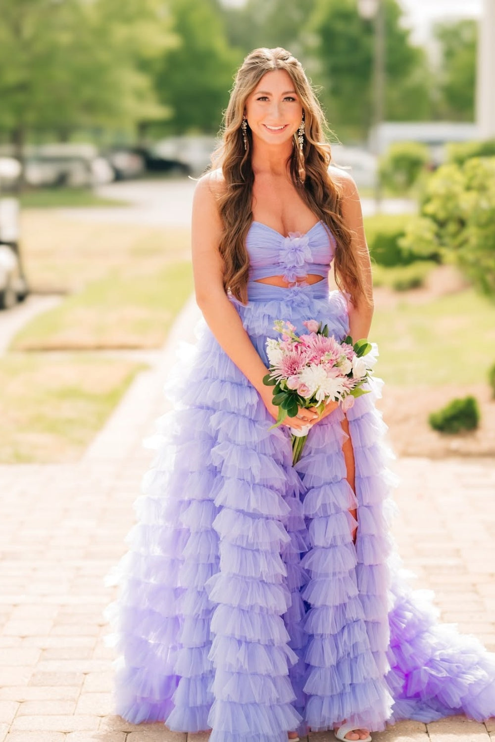 Lavender A-line tiered tulle ruffle dress with keyhole neckline.