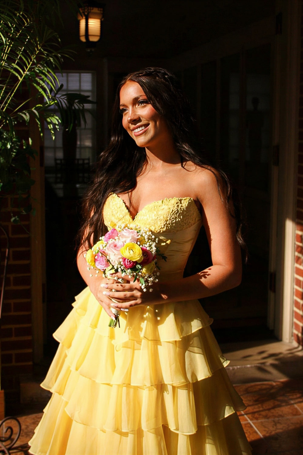 Lace appliques strapless A-line ruffle prom dress with bow.