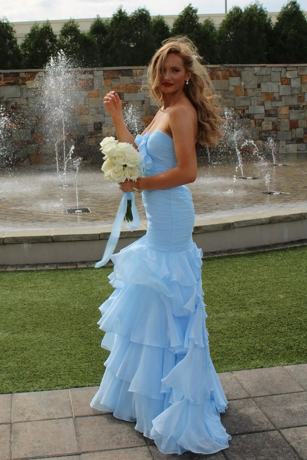 Pleated Sweetheart Chiffon Bow A-line Ruffle Cut-out Front Formal Dress