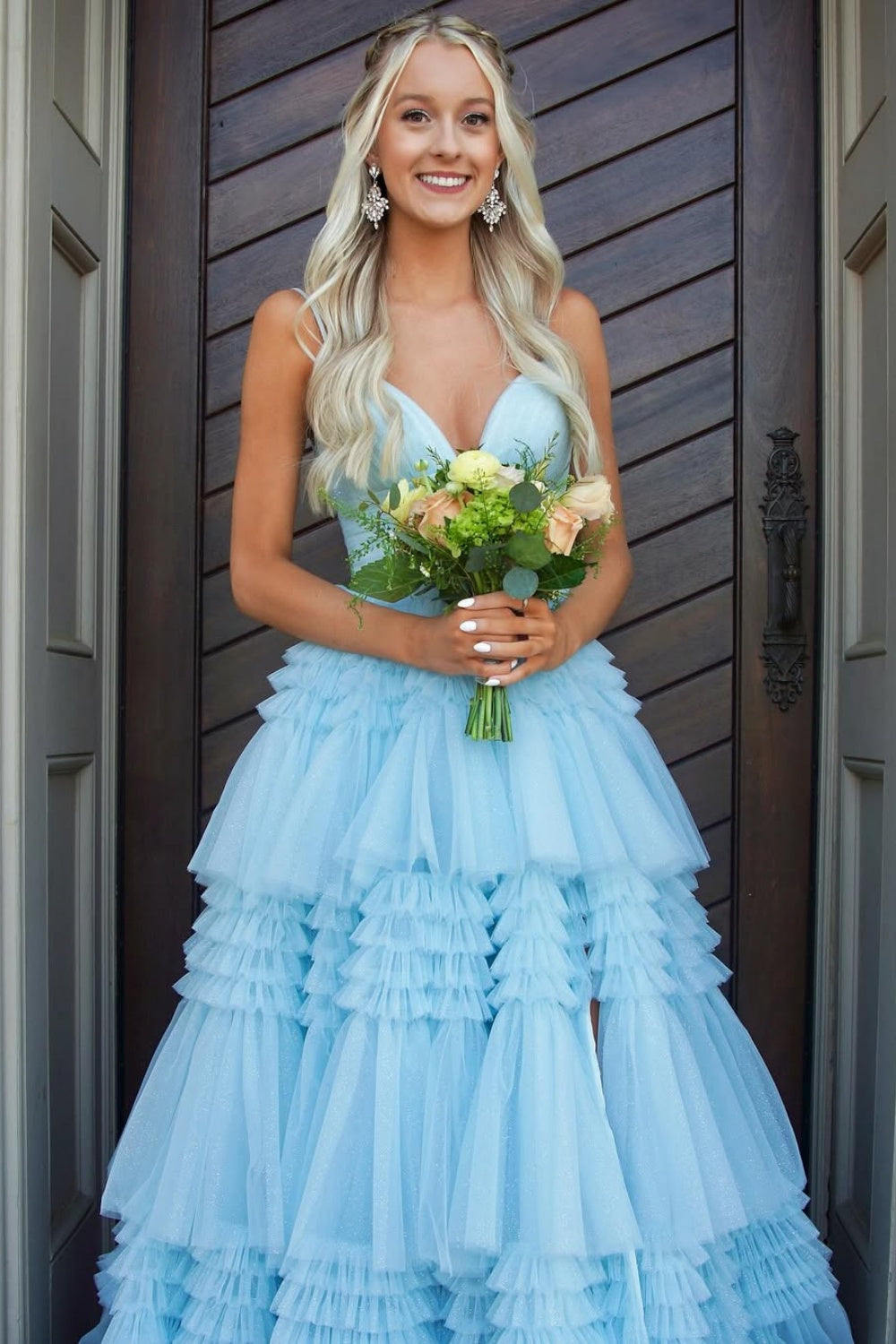 Spaghetti straps blue A-line ruffle hem puff side slit prom dress.