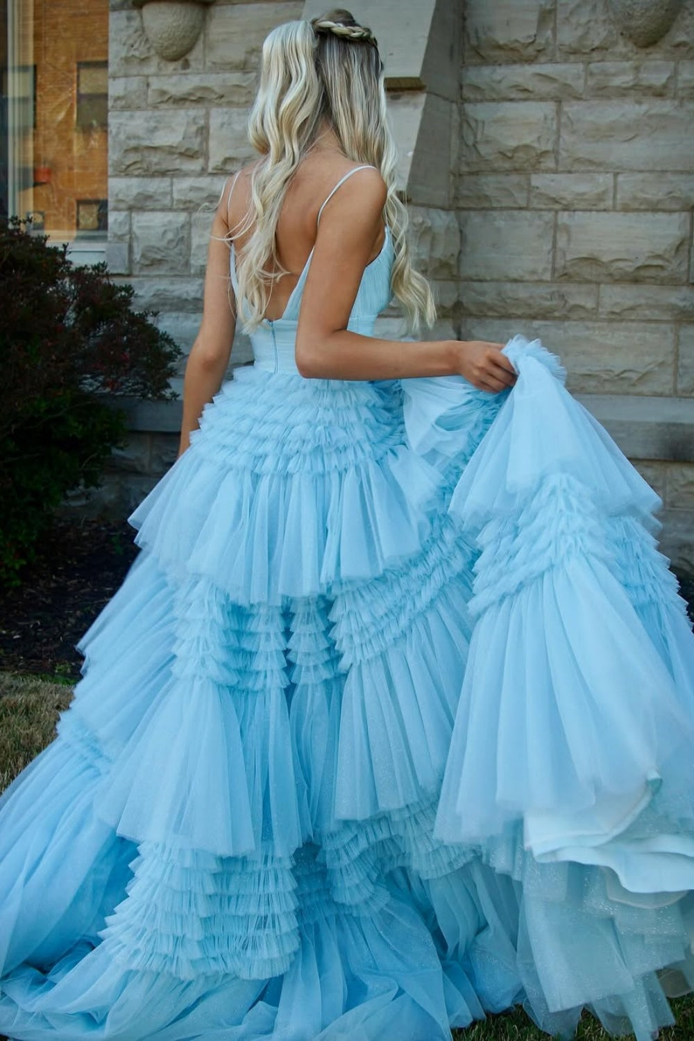 Spaghetti straps blue A-line ruffle hem puff side slit prom dress.