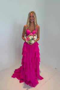 Fuchsia Spaghetti Straps Chiffon A-line Ruffle Long Prom Gowns