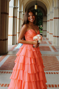 Pink lace appliques chiffon A-line ruffle sweetheart prom gown.