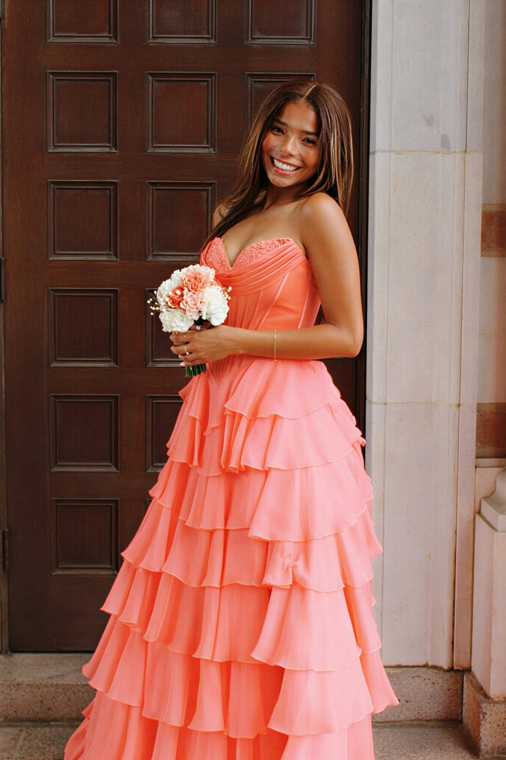 Pink lace appliques chiffon A-line ruffle sweetheart prom gown.