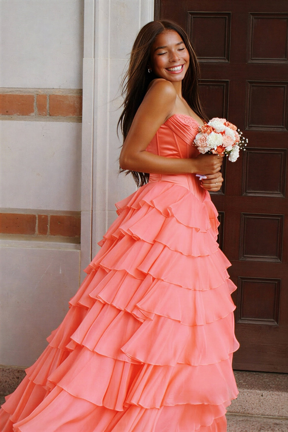 Pink lace appliques chiffon A-line ruffle sweetheart prom gown.