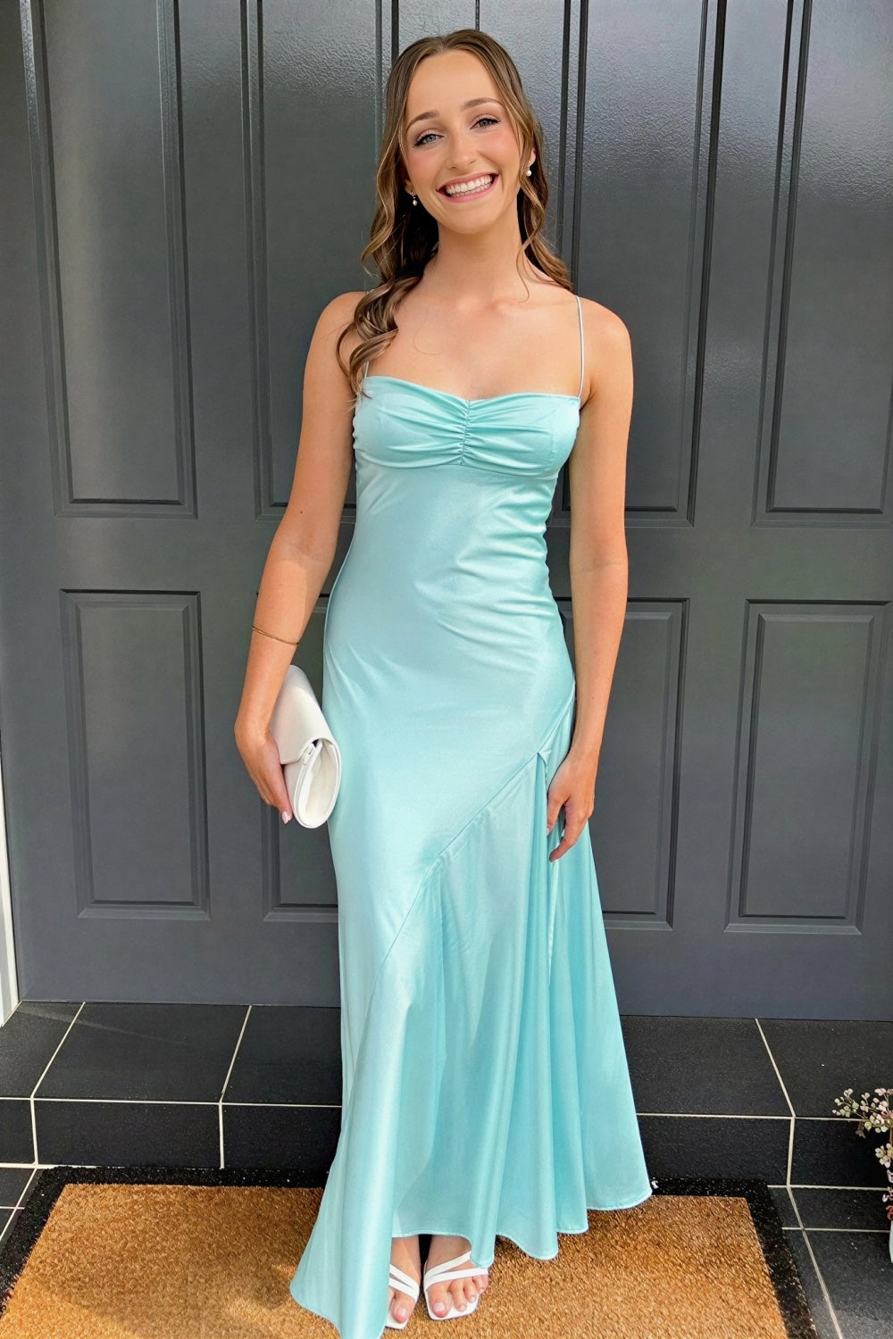 Elegant purple spaghetti straps fitted long formal dress with irregular cut hem for evening events and prom