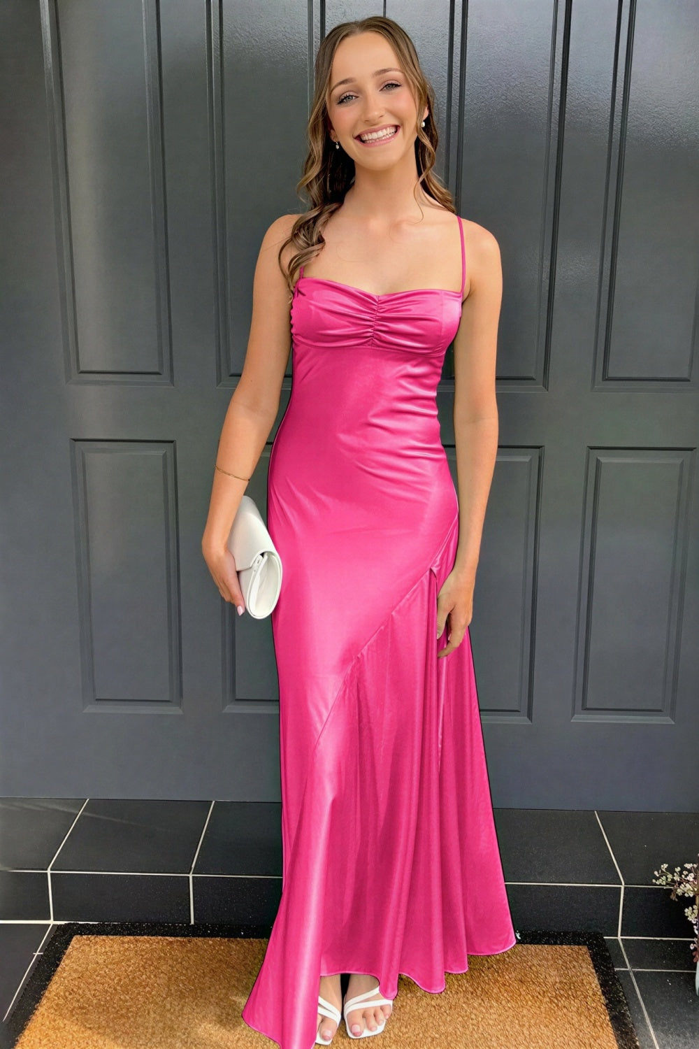 Elegant purple spaghetti straps fitted long formal dress with irregular cut hem for evening events and prom