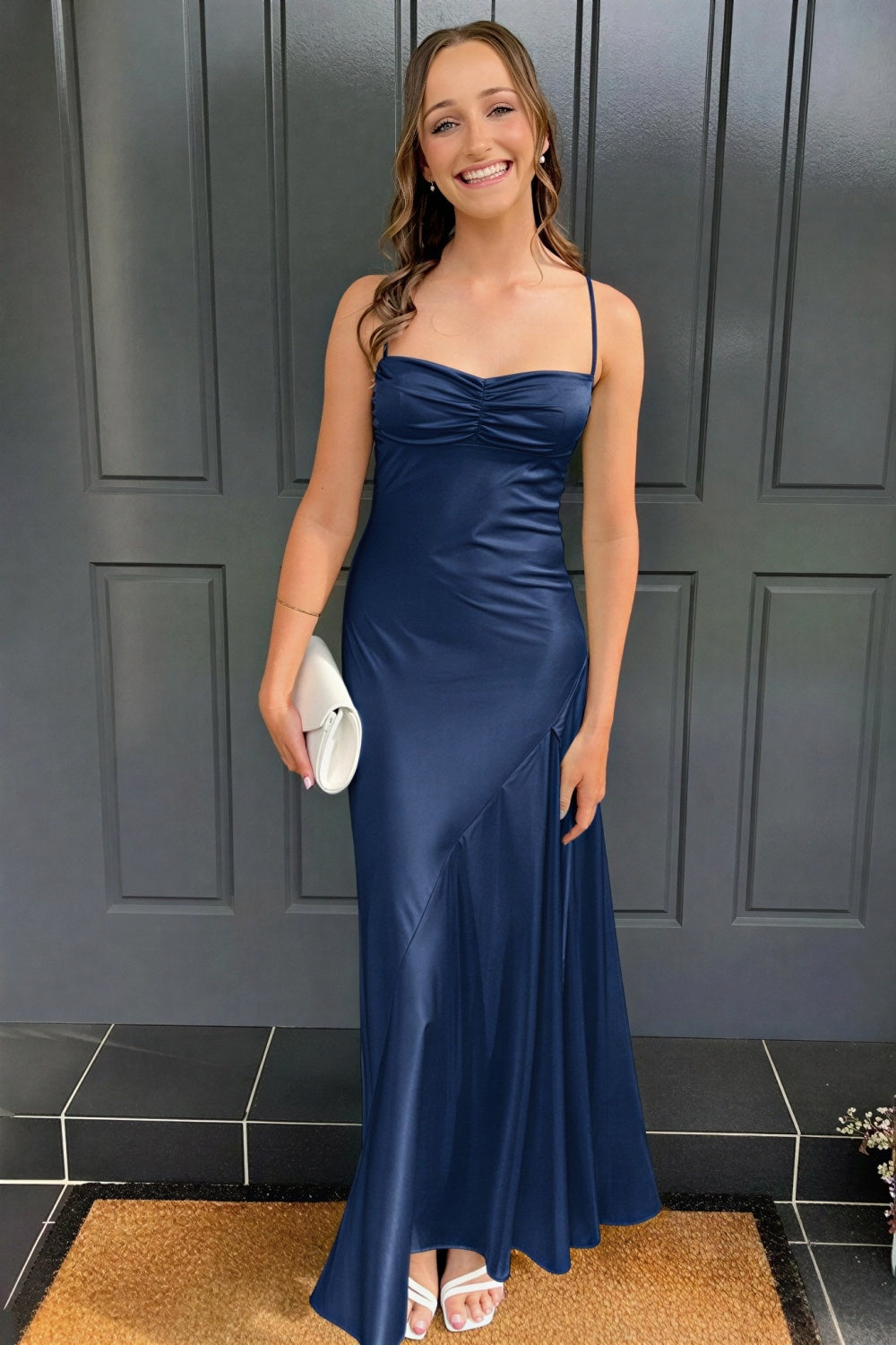 Elegant purple spaghetti straps fitted long formal dress with irregular cut hem for evening events and prom