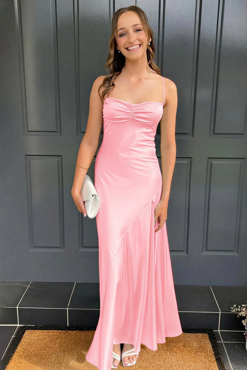 Elegant purple spaghetti straps fitted long formal dress with irregular cut hem for evening events and prom