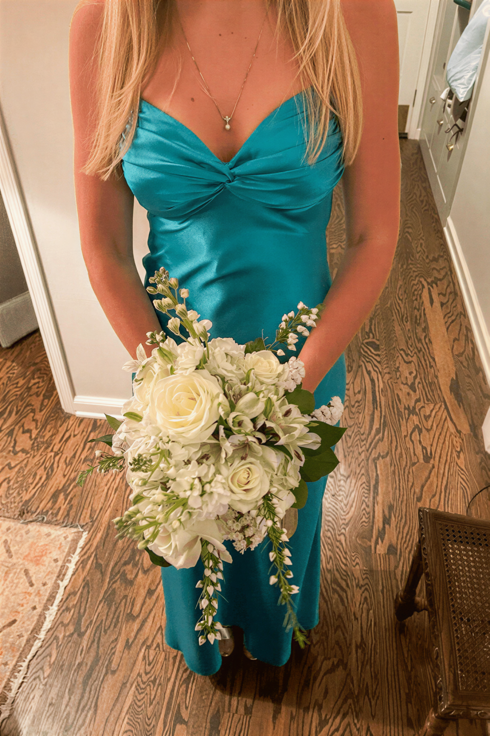 Plunging V-neck mermaid satin twist to waist long prom dress for elegant and glamorous evening events