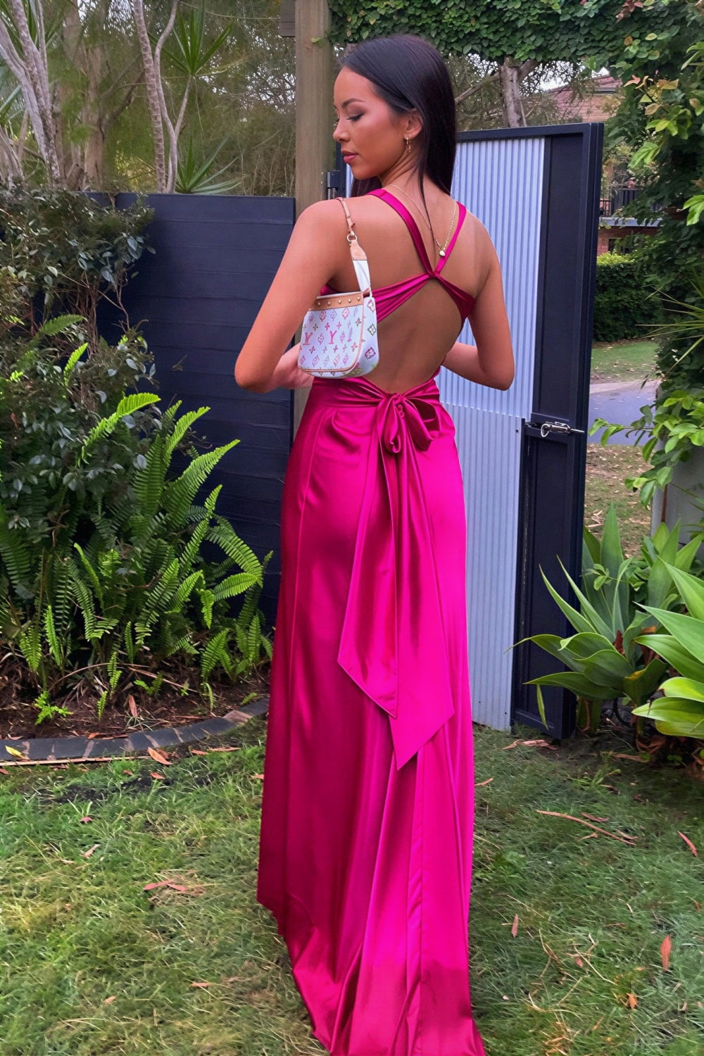 Plunging V-neck mermaid satin twist to waist long prom dress for elegant and glamorous evening events