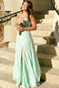 a-line mint formal dress with side slit and floral appliques